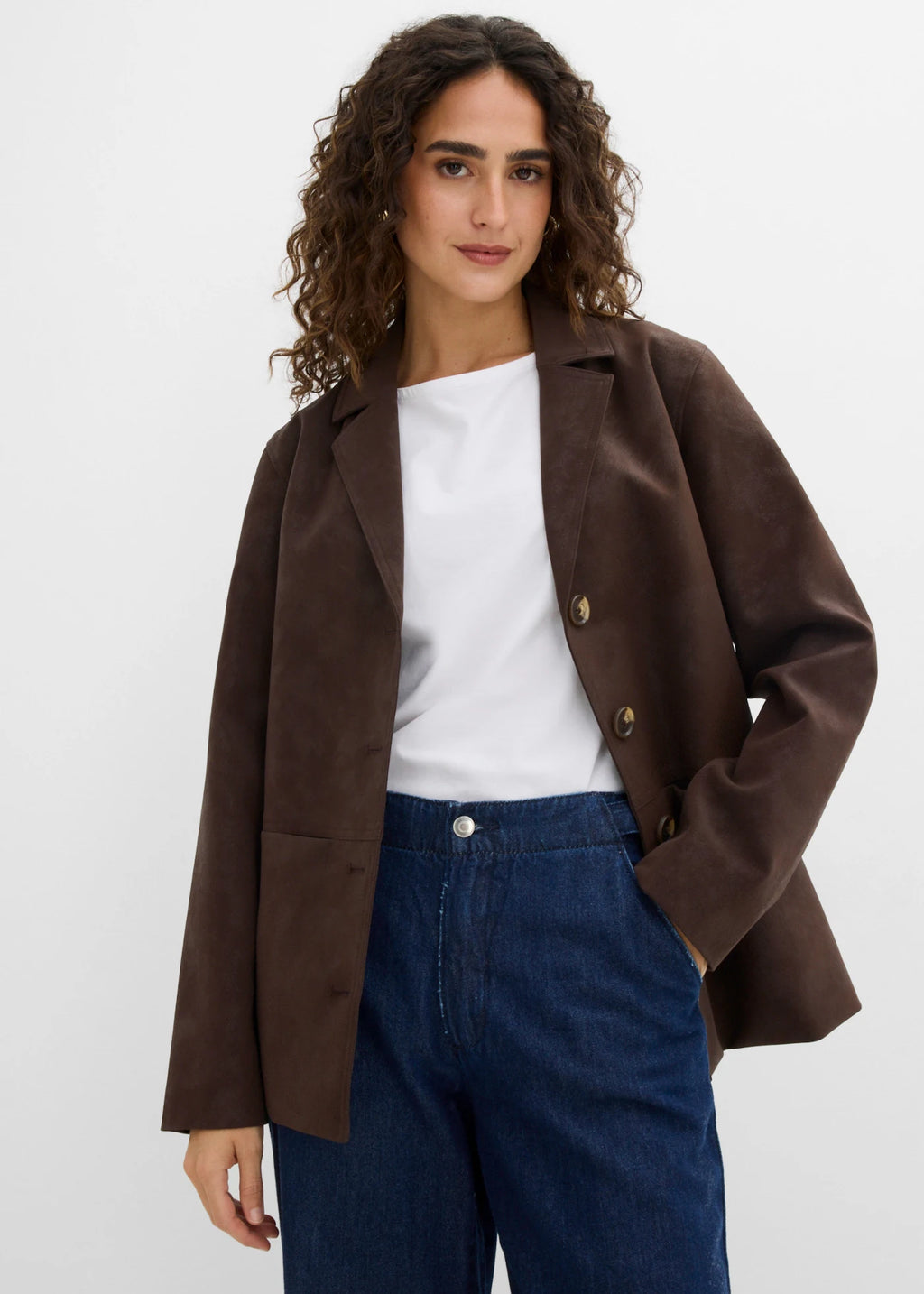 Women's Faux Suede Blazer in Dark Brown, view 3