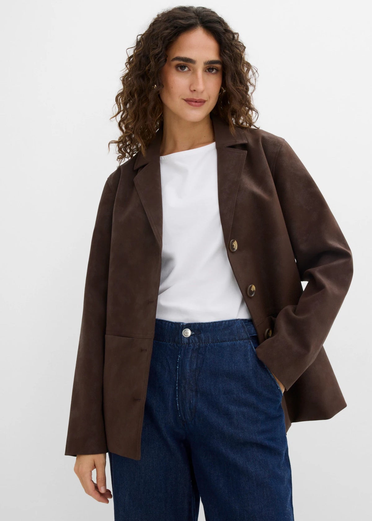 Women's Faux Suede Blazer in Dark Brown, view 3
