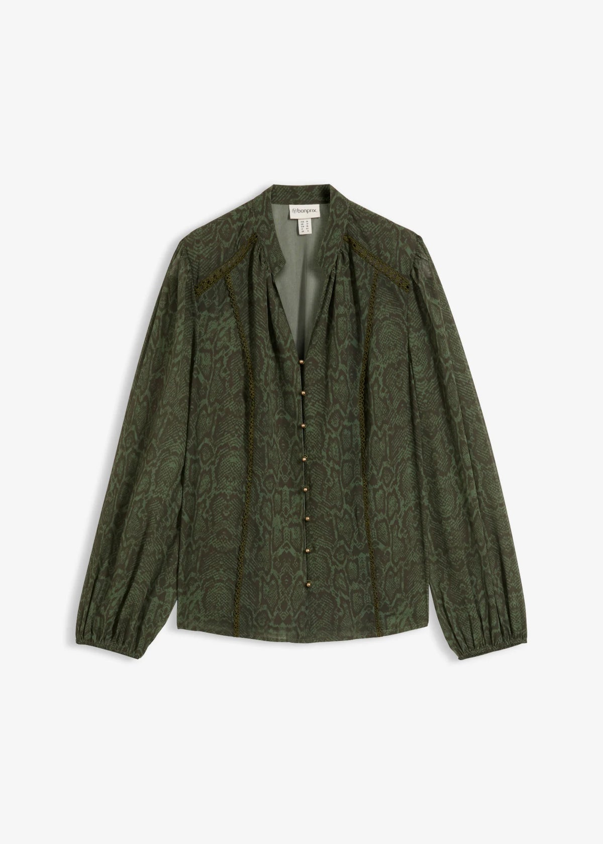 Women's Lace Blouse in Dark Olive Python Print, view 1