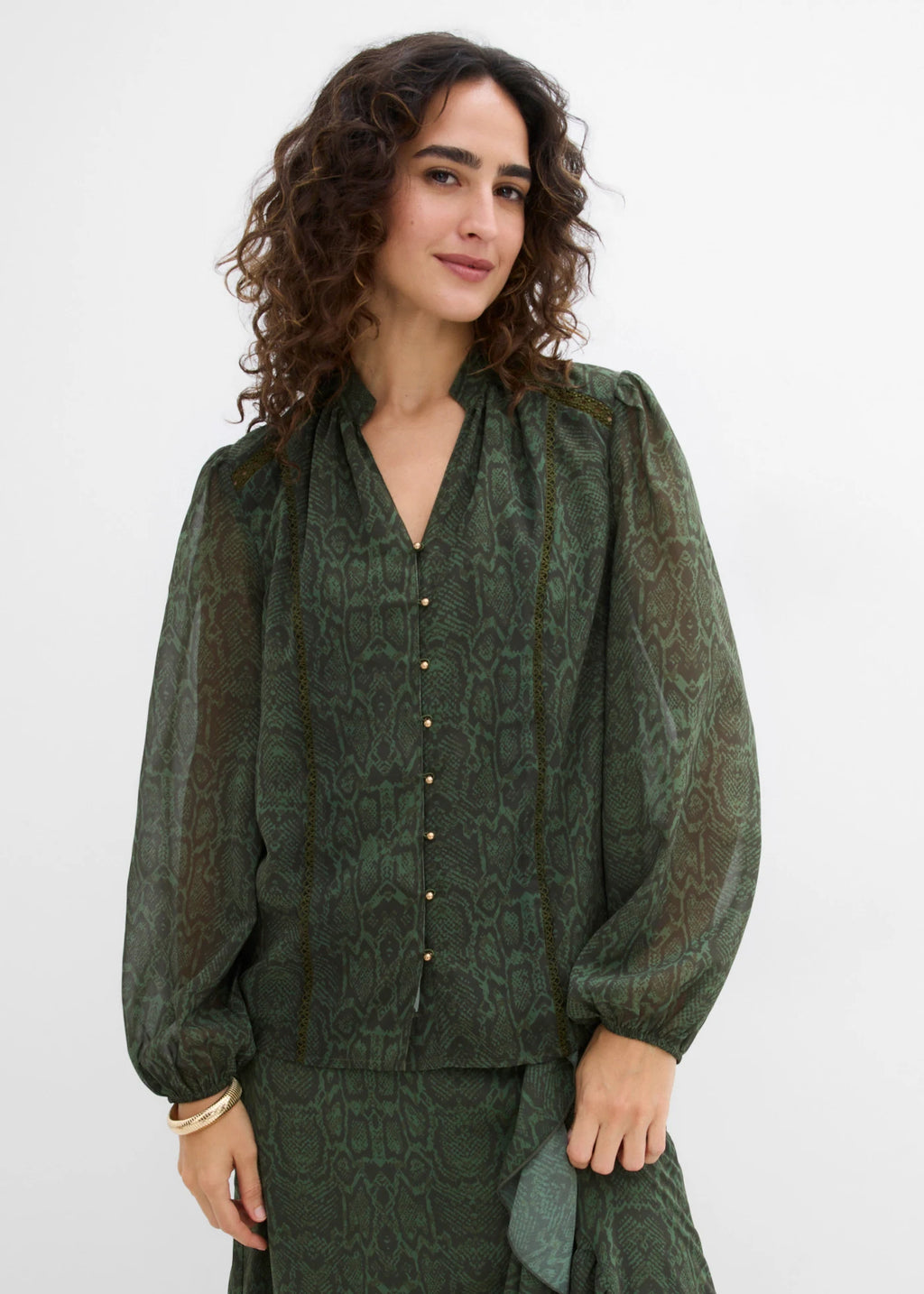Women's Lace Blouse in Dark Olive Python Print, view 3