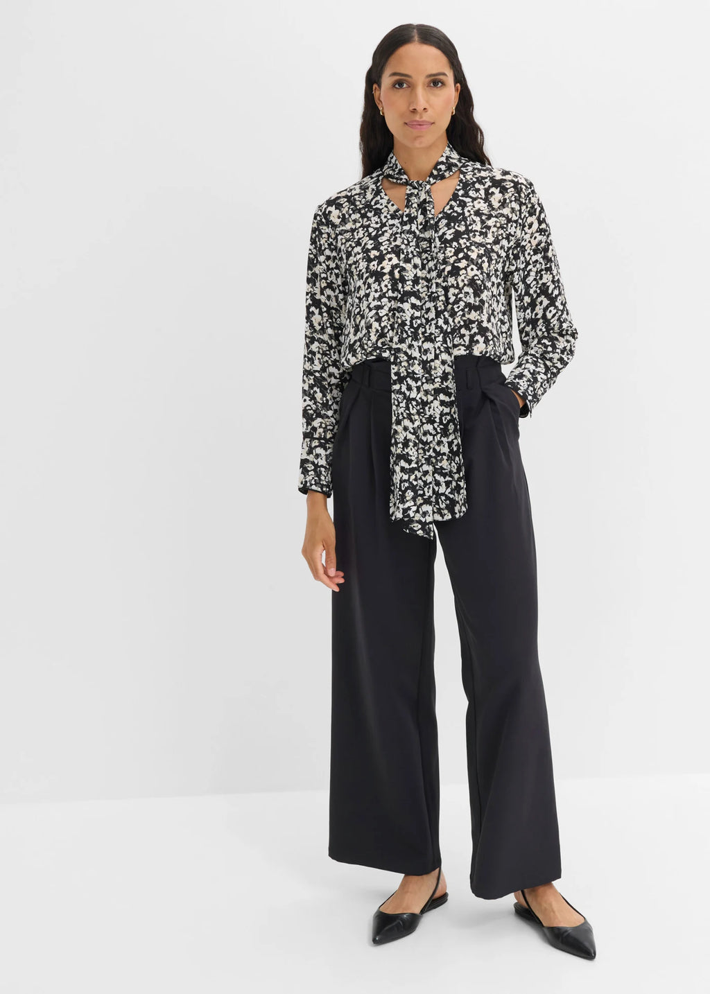 Women's Tie Neck Blouse in Black and White Print, view 4