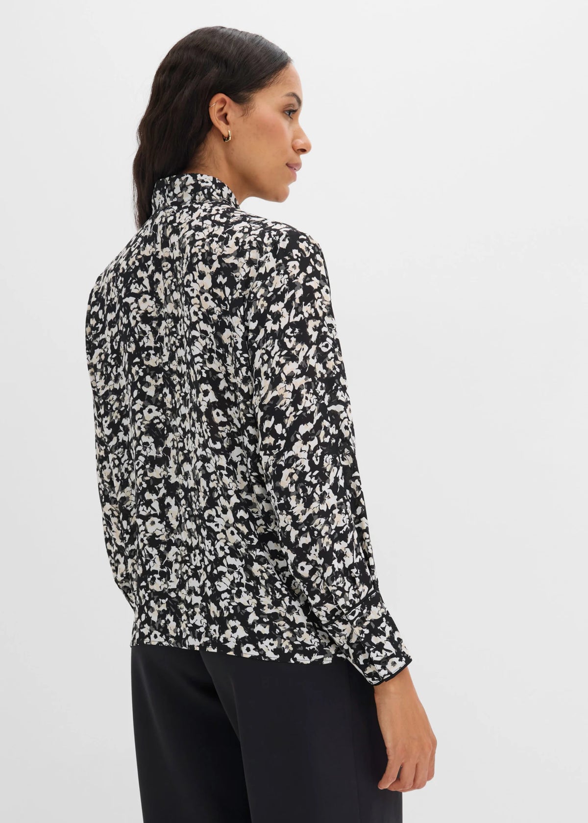 Women's Tie Neck Blouse in Black and White Print, view 3