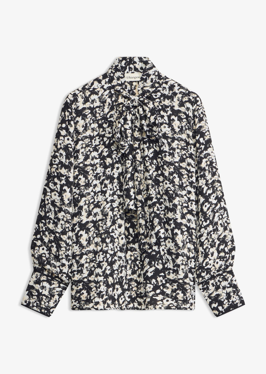 Women's Tie Neck Blouse in Black and White Print, view 1