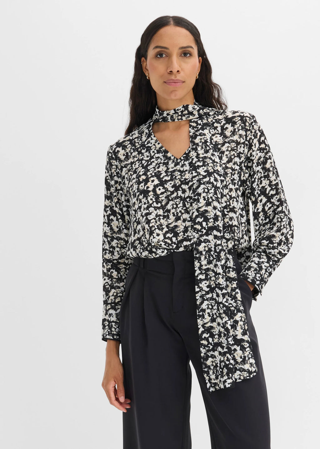 Women's Tie Neck Blouse in Black and White Print, view 2