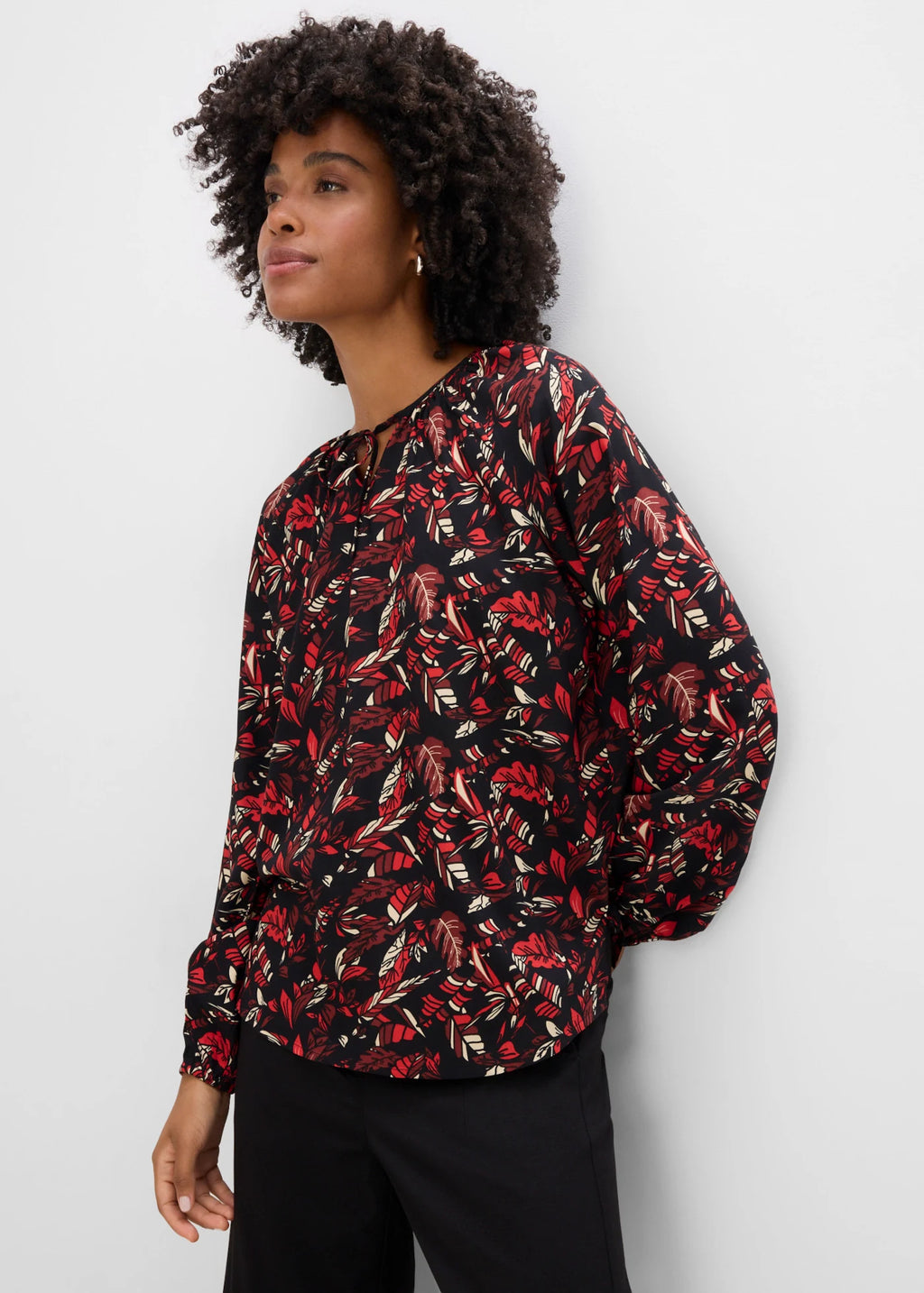 Women's Flowing Viscose Blouse in Brown, Black, Beige and Orange Print, view 3