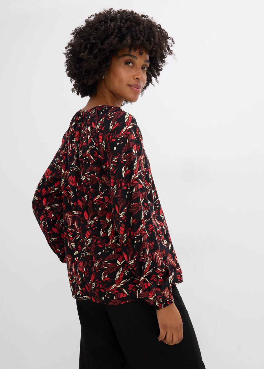 Women's Flowing Viscose Blouse in Brown, Black, Beige and Orange Print, view 4