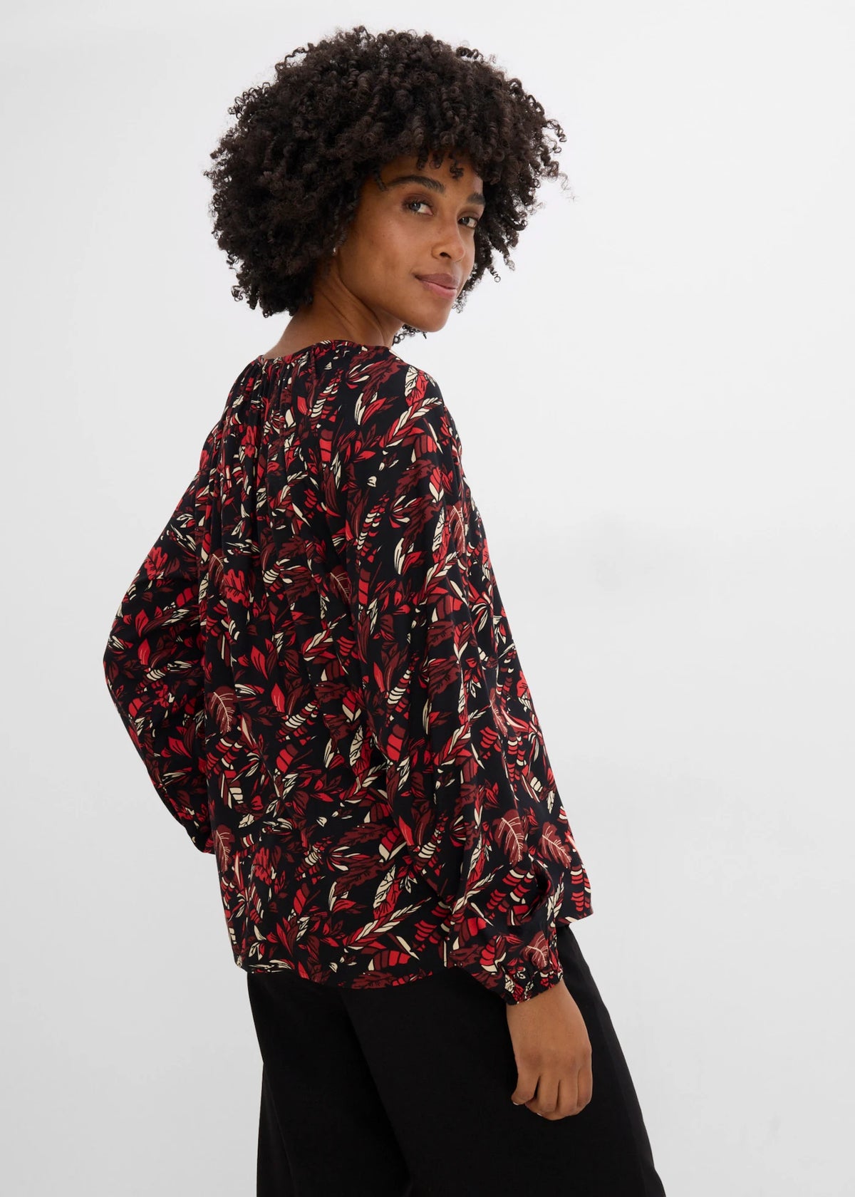 Women's Flowing Viscose Blouse in Brown, Black, Beige and Orange Print, view 4