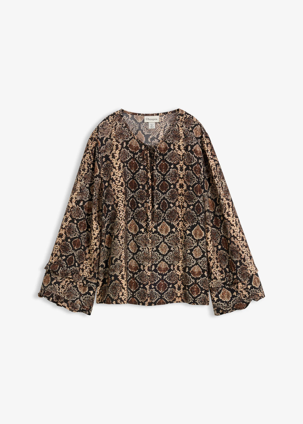 Women's Long Viscose Blend Blouse in Natural Brown Python Print, view 1
