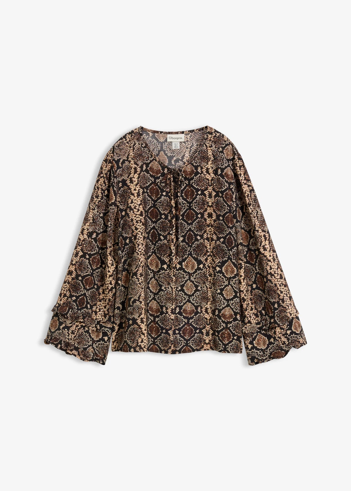 Women's Long Viscose Blend Blouse in Natural Brown Python Print, view 1