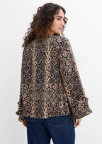 Women's Long Viscose Blend Blouse in Natural Brown Python Print, view 4
