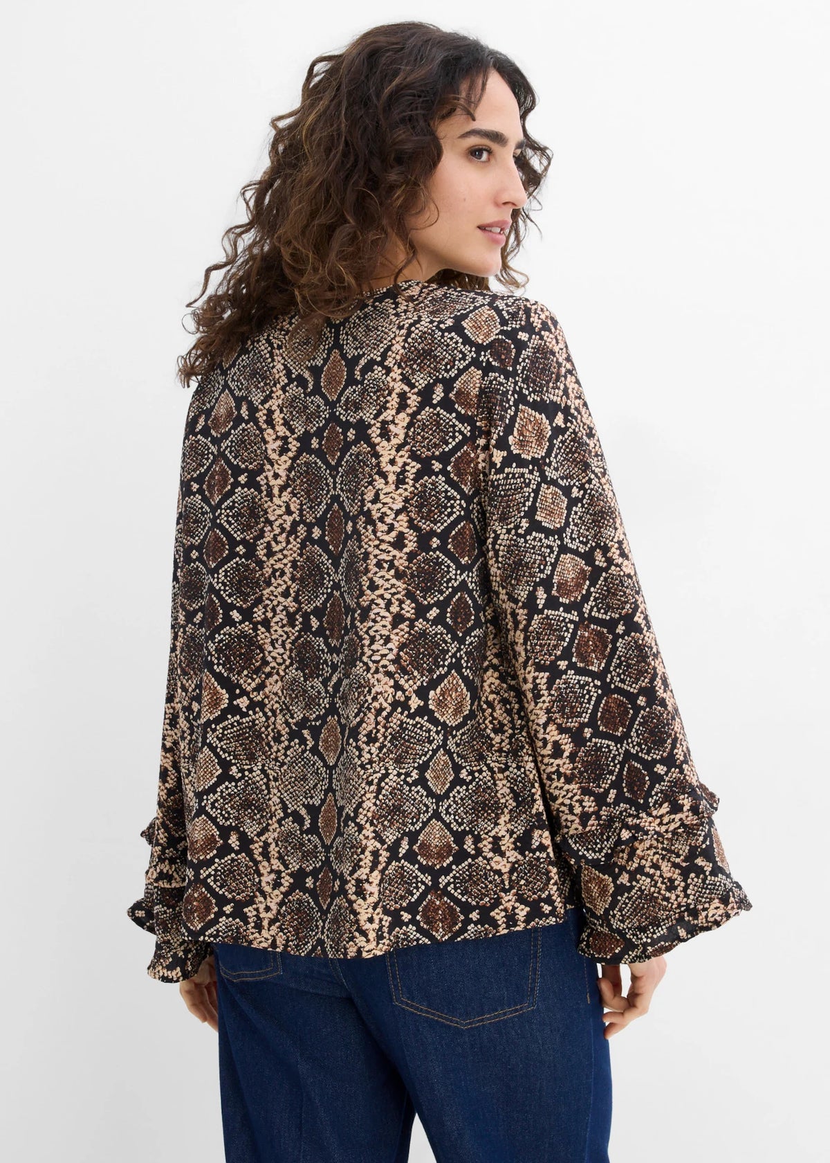 Women's Long Viscose Blend Blouse in Natural Brown Python Print, view 4