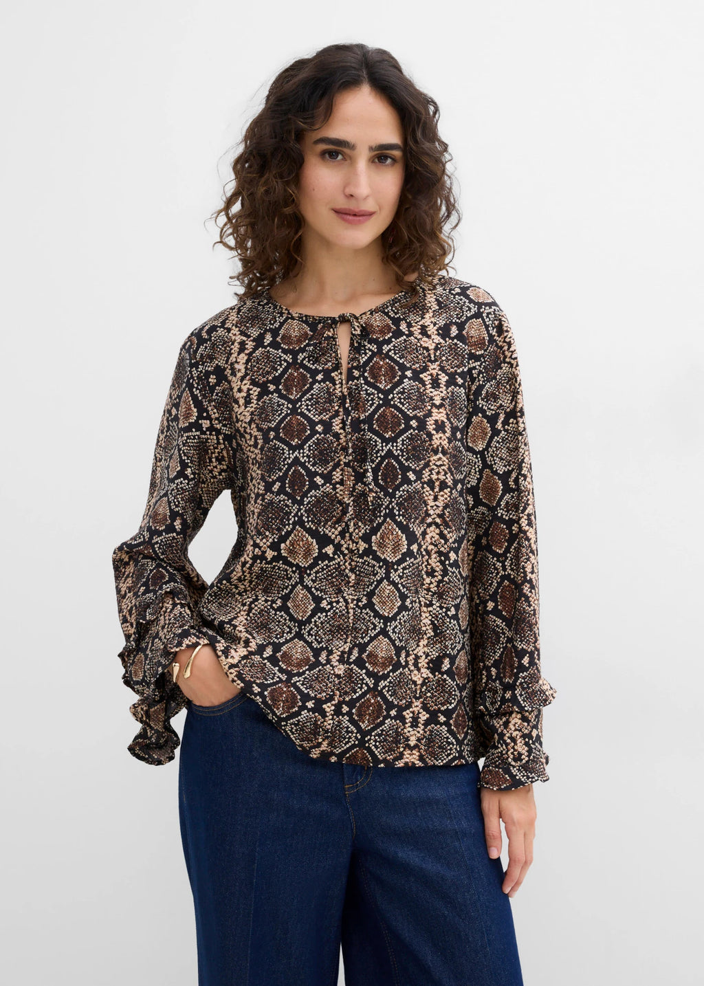 Women's Long Viscose Blend Blouse in Natural Brown Python Print, view 3