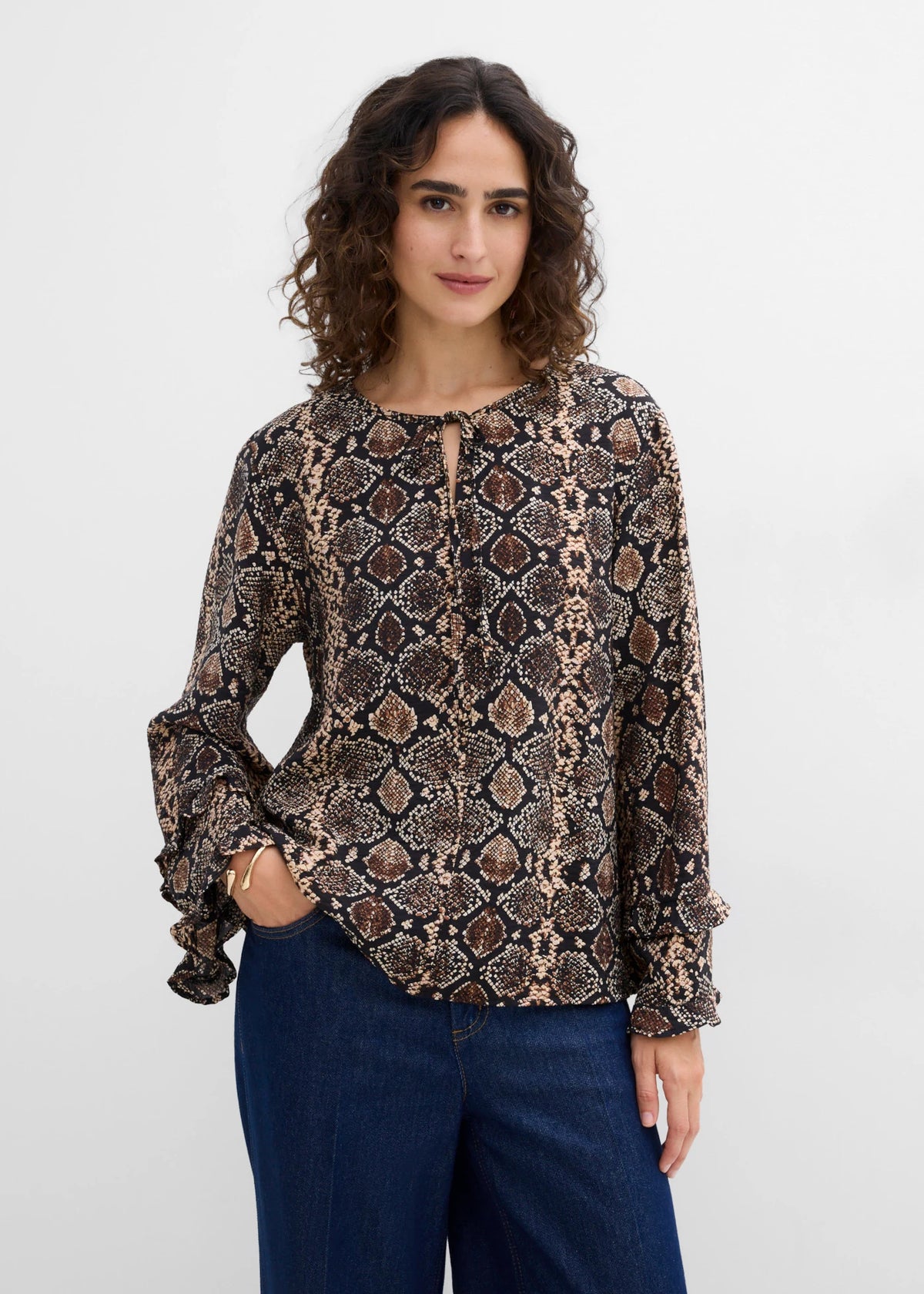 Women's Long Viscose Blend Blouse in Natural Brown Python Print, view 3