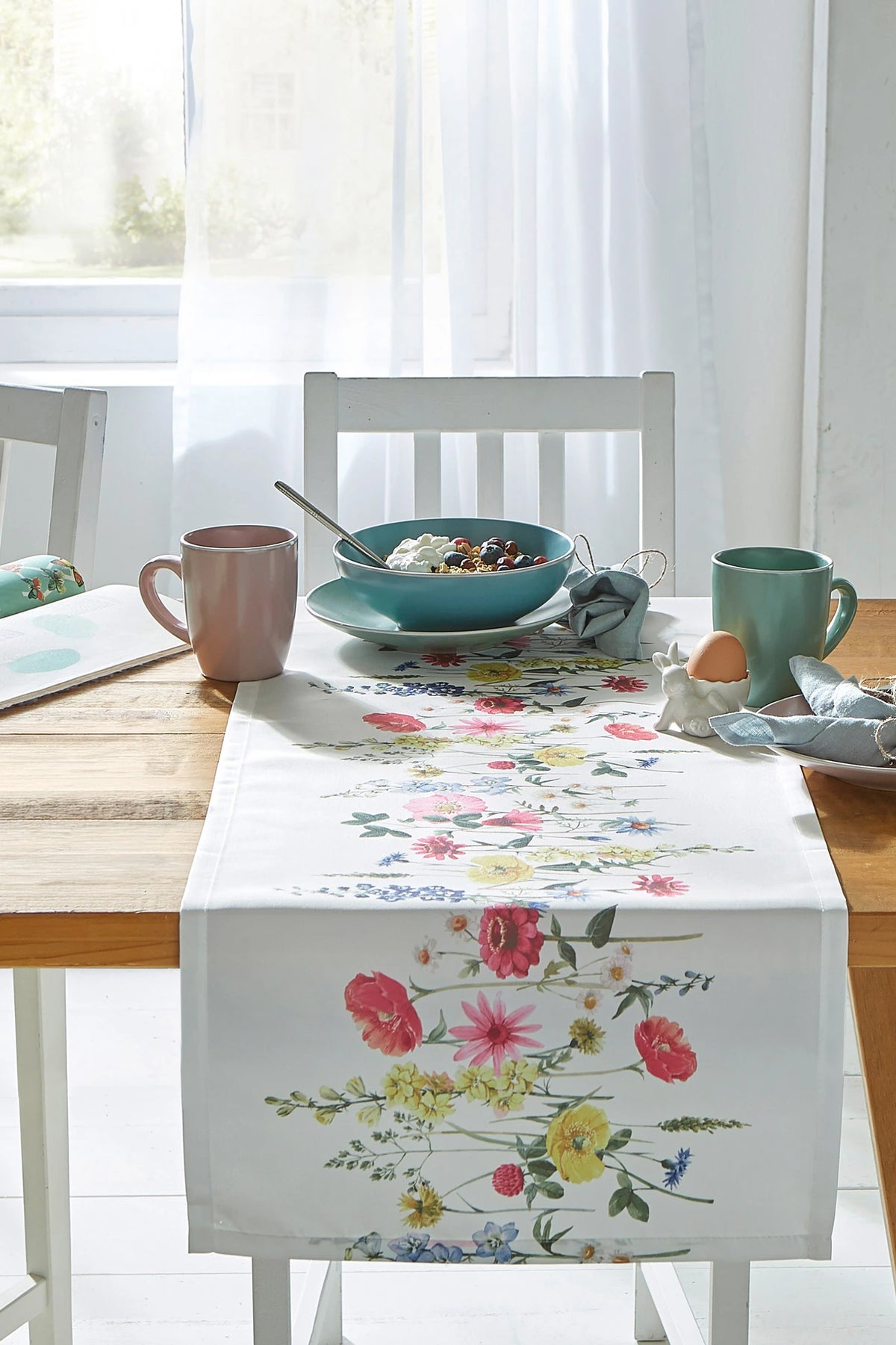 Floral Print Table Runner in Multicolor and White, view 3