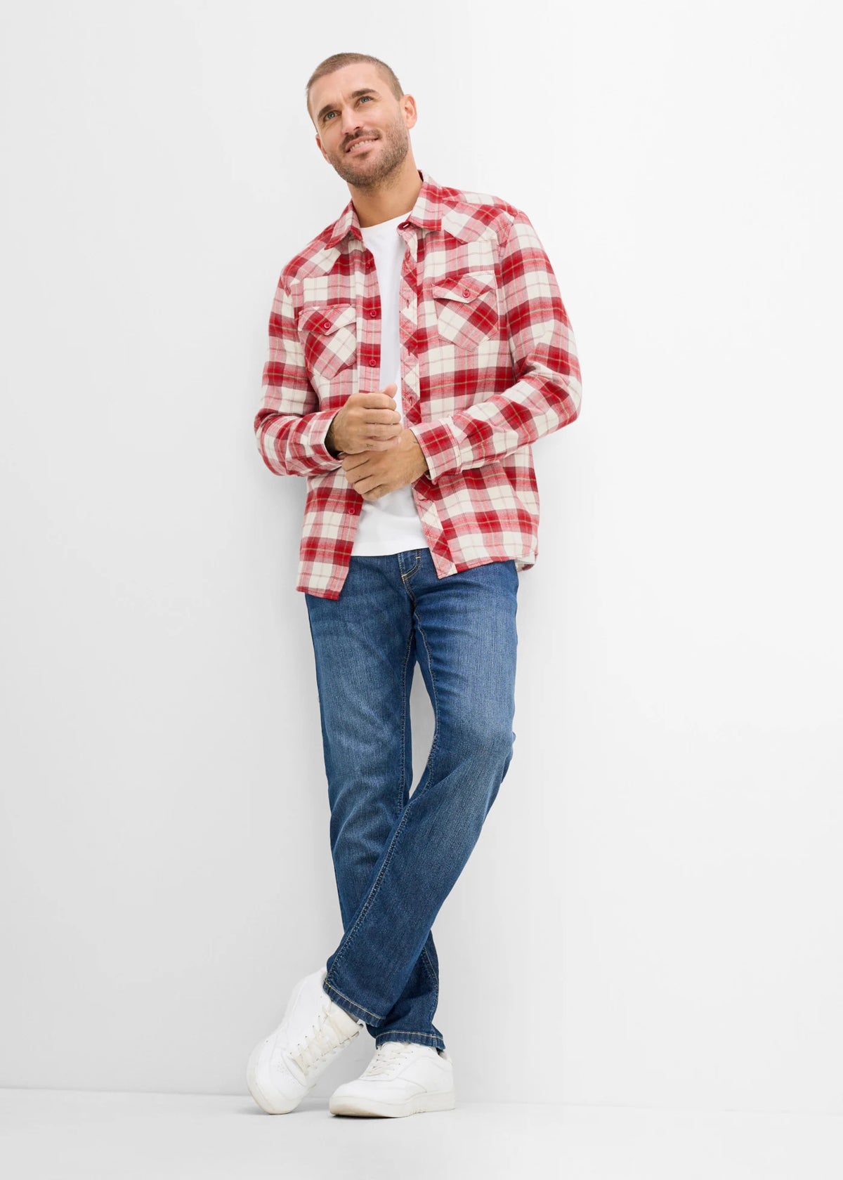 Men's Pure Cotton Checked Flannel Shirt in Red and Cream Check, view 4