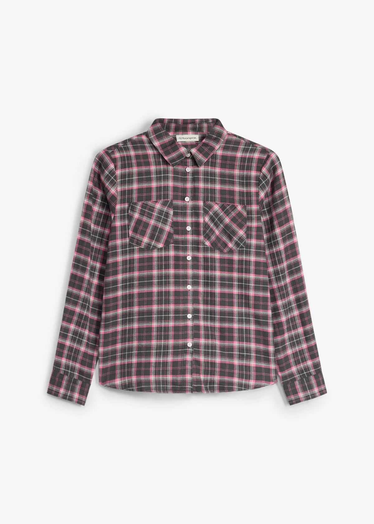 Girls' Pure Cotton Flannel Shirt in Fuchsia, Silver and Anthracite Check, view 1