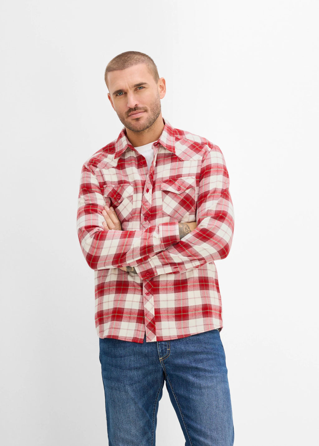 Men's Pure Cotton Checked Flannel Shirt in Red and Cream Check, view 2