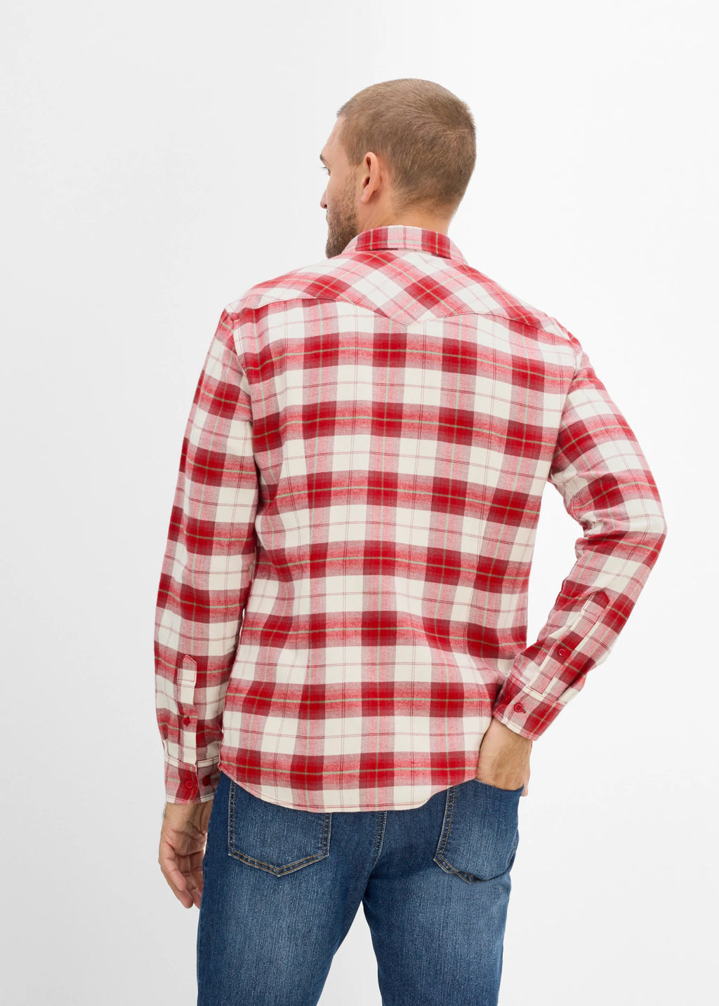 Men's Pure Cotton Checked Flannel Shirt in Red and Cream Check, view 3