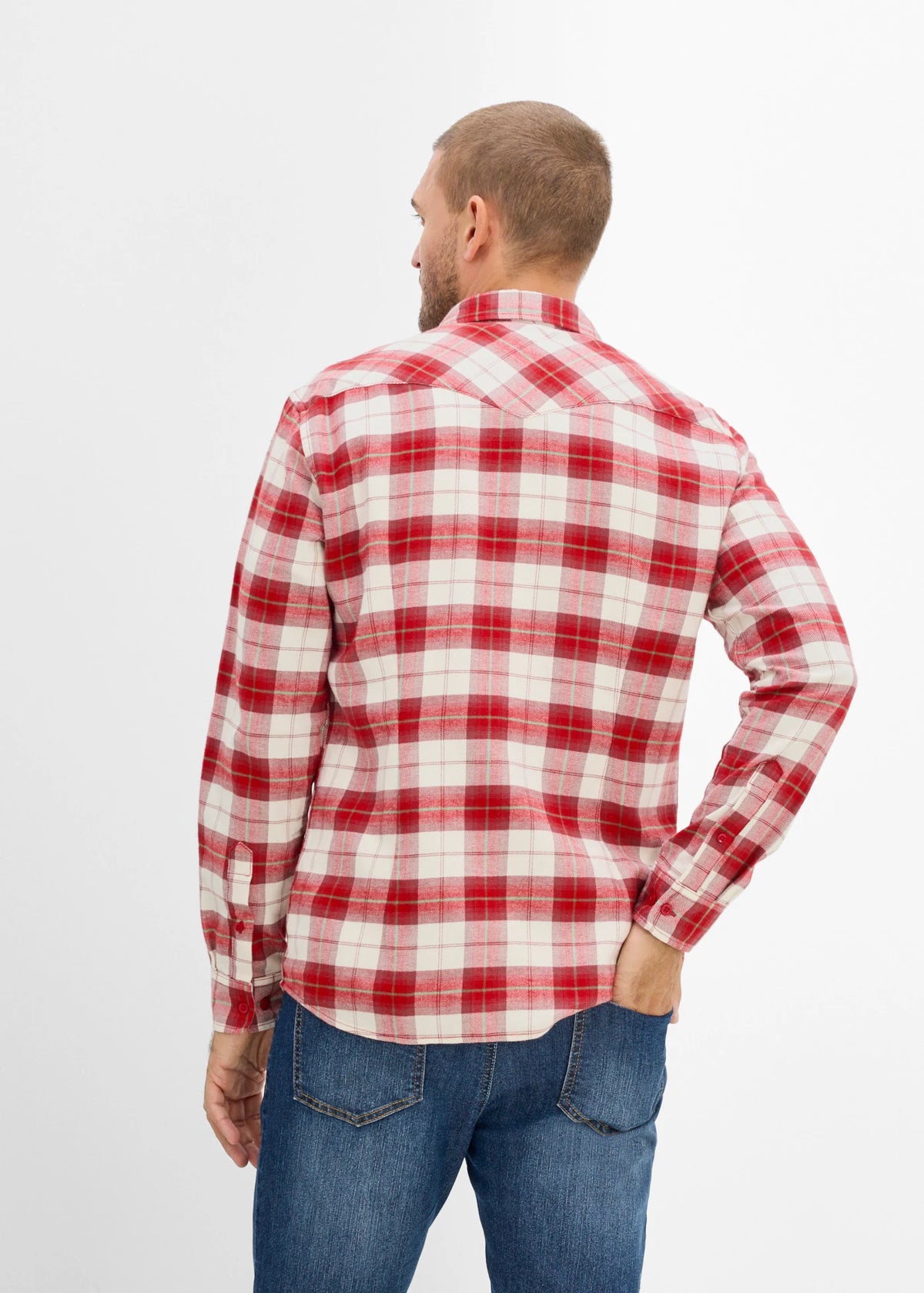 Men's Pure Cotton Checked Flannel Shirt in Red and Cream Check, view 3