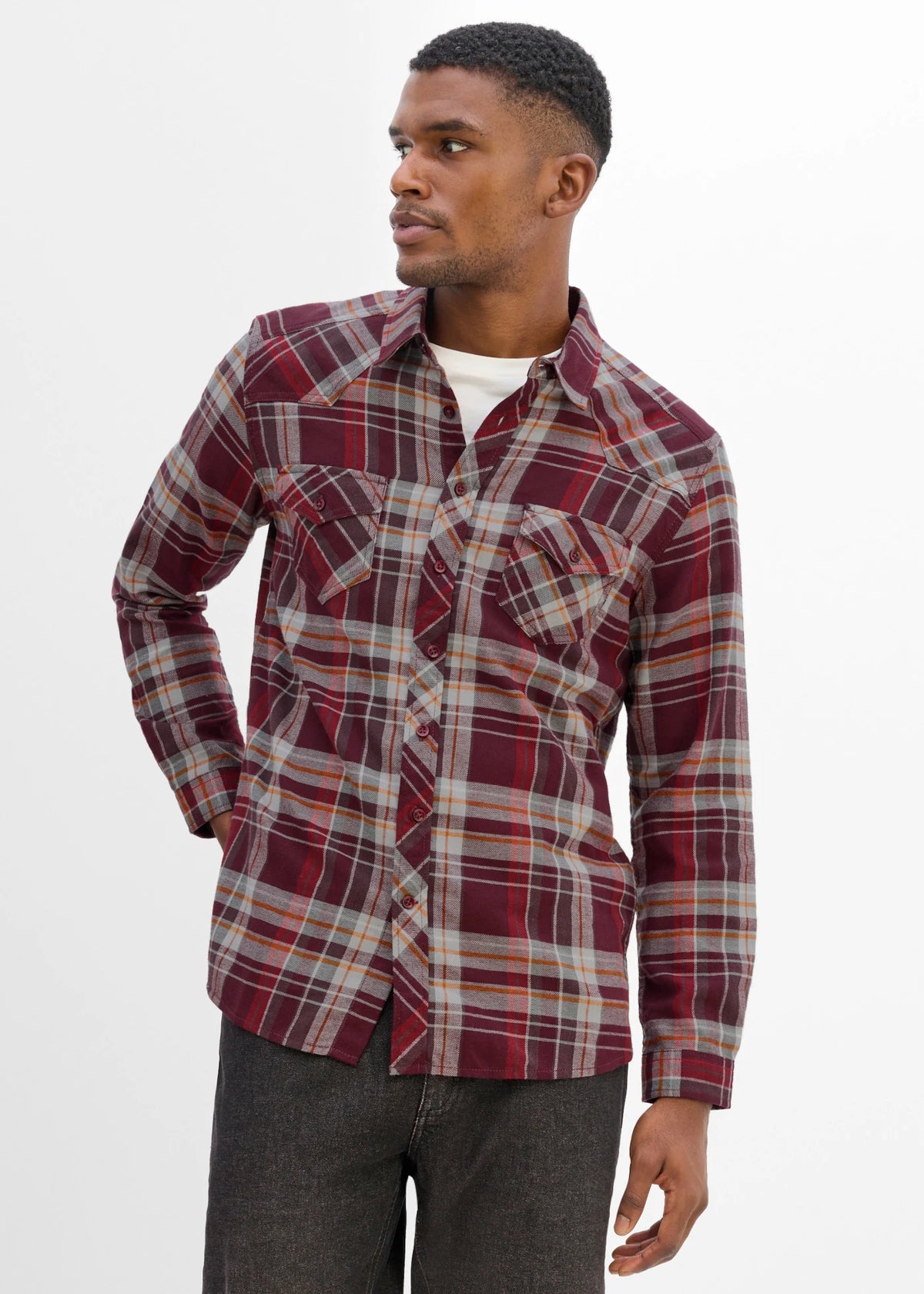 Men's Pure Cotton Flannel Shirt in Burgundy Check, view 2