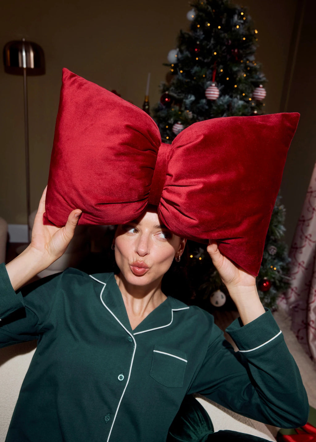 Decorative Bow Cushion in Dark Red, view 2