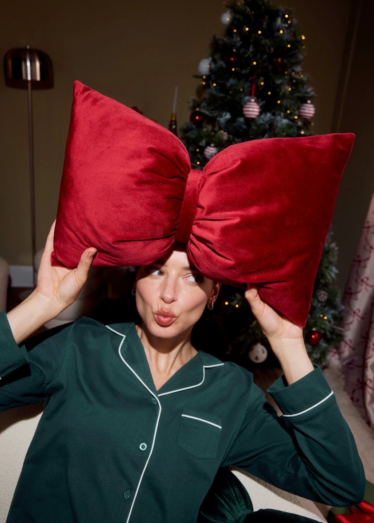 Decorative Bow Cushion in Dark Red, view 2