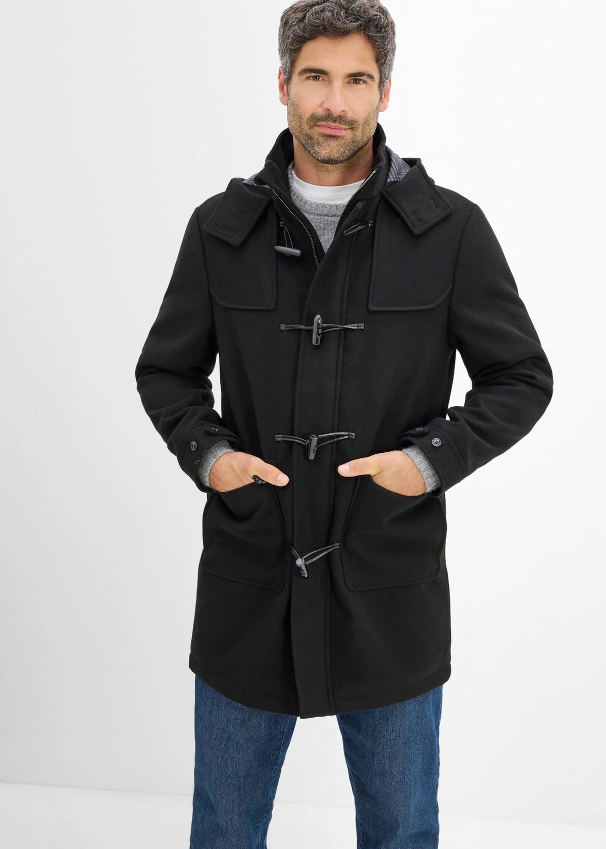 Men's Warm Winter Duffle Coat in Black, view 3