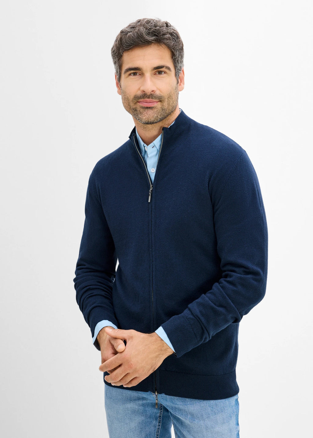 Men's Fine Knit Cardigan with Merino Wool in Dark Blue, view 2