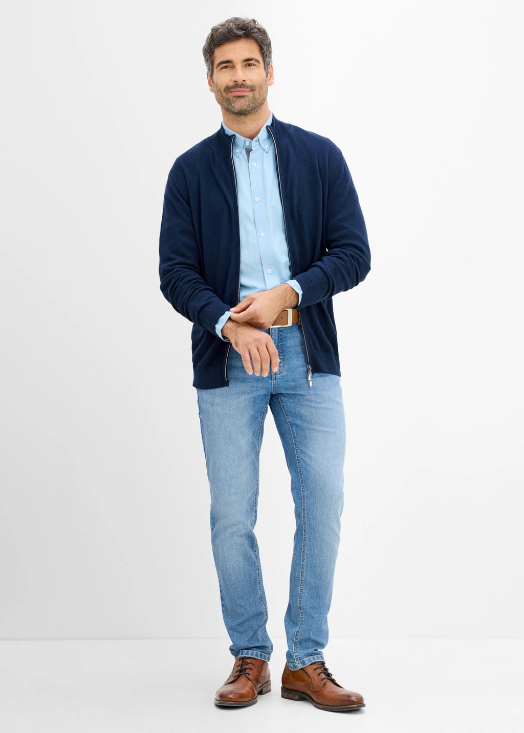 Men's Fine Knit Cardigan with Merino Wool in Dark Blue, view 4