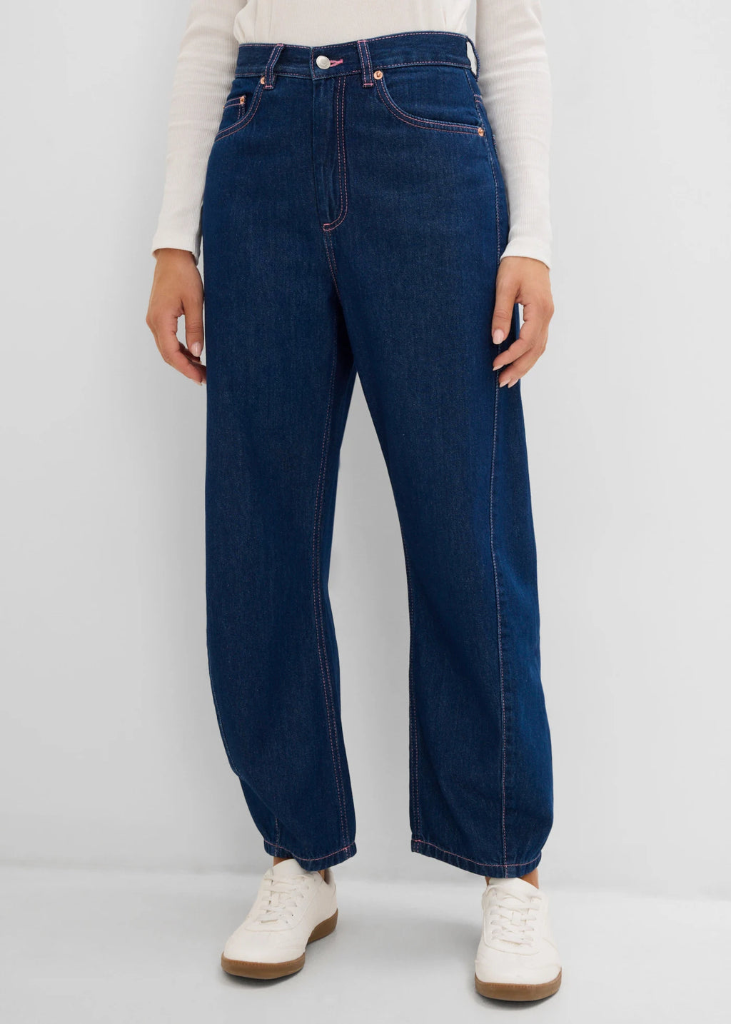 Women's High Waist Barrel Jeans in Deep Blue Raw Denim, view 3
