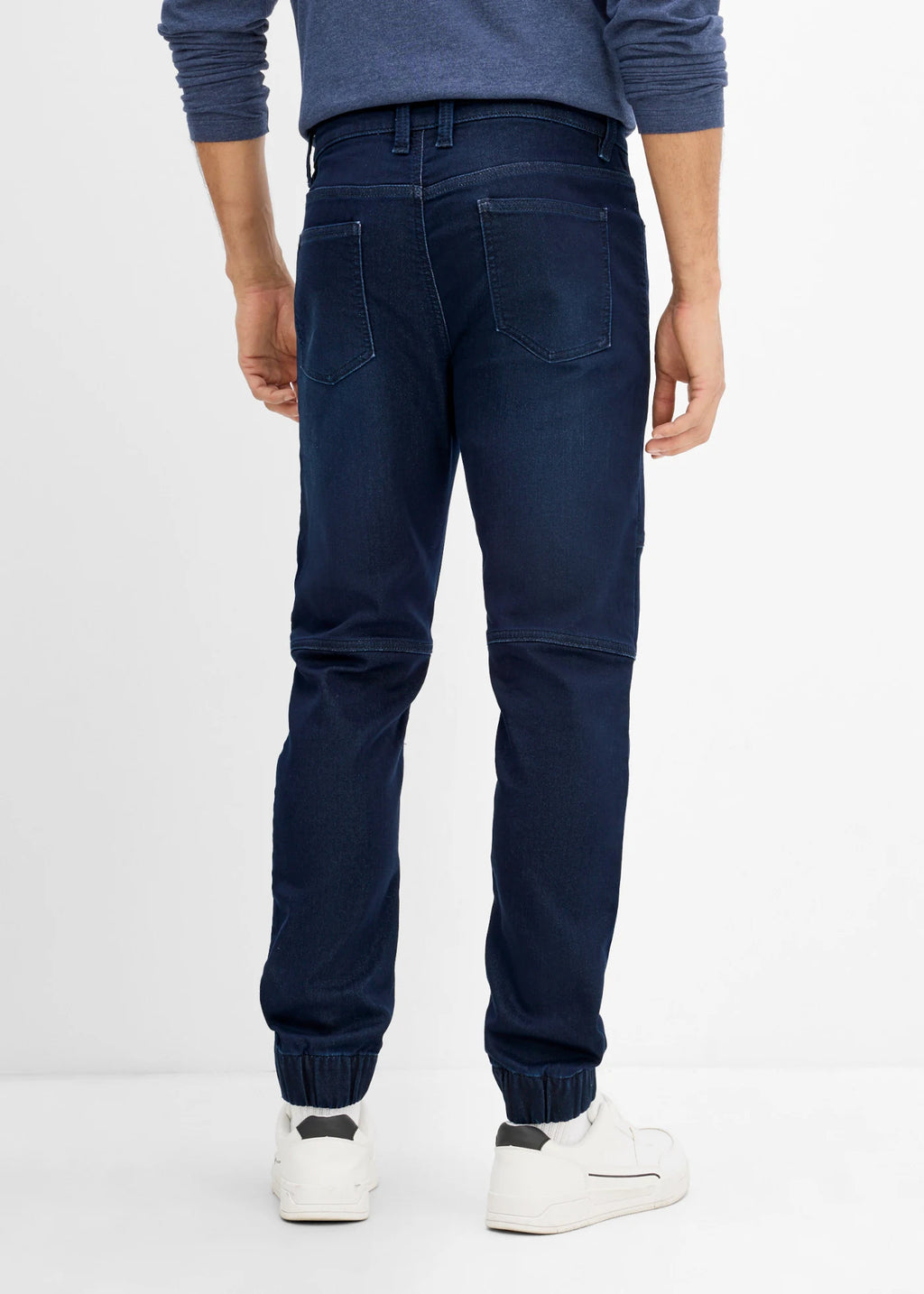 Men's Regular Fit Straight Jogger Jeans with Adjustable Stretch Waist in Dark Blue Denim, view 4