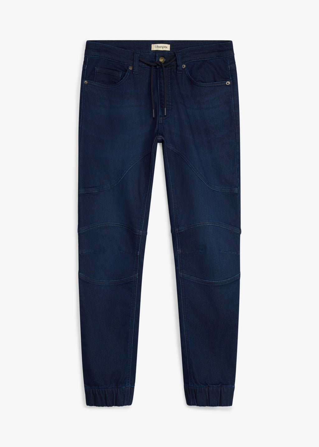 Men's Regular Fit Straight Jogger Jeans with Adjustable Stretch Waist in Dark Blue Denim, view 1
