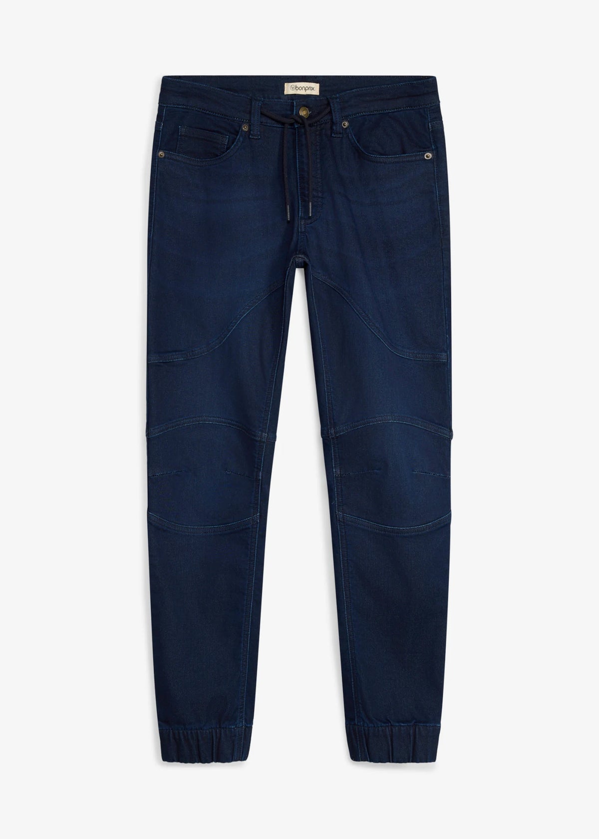 Men's Regular Fit Straight Jogger Jeans with Adjustable Stretch Waist in Dark Blue Denim, view 1