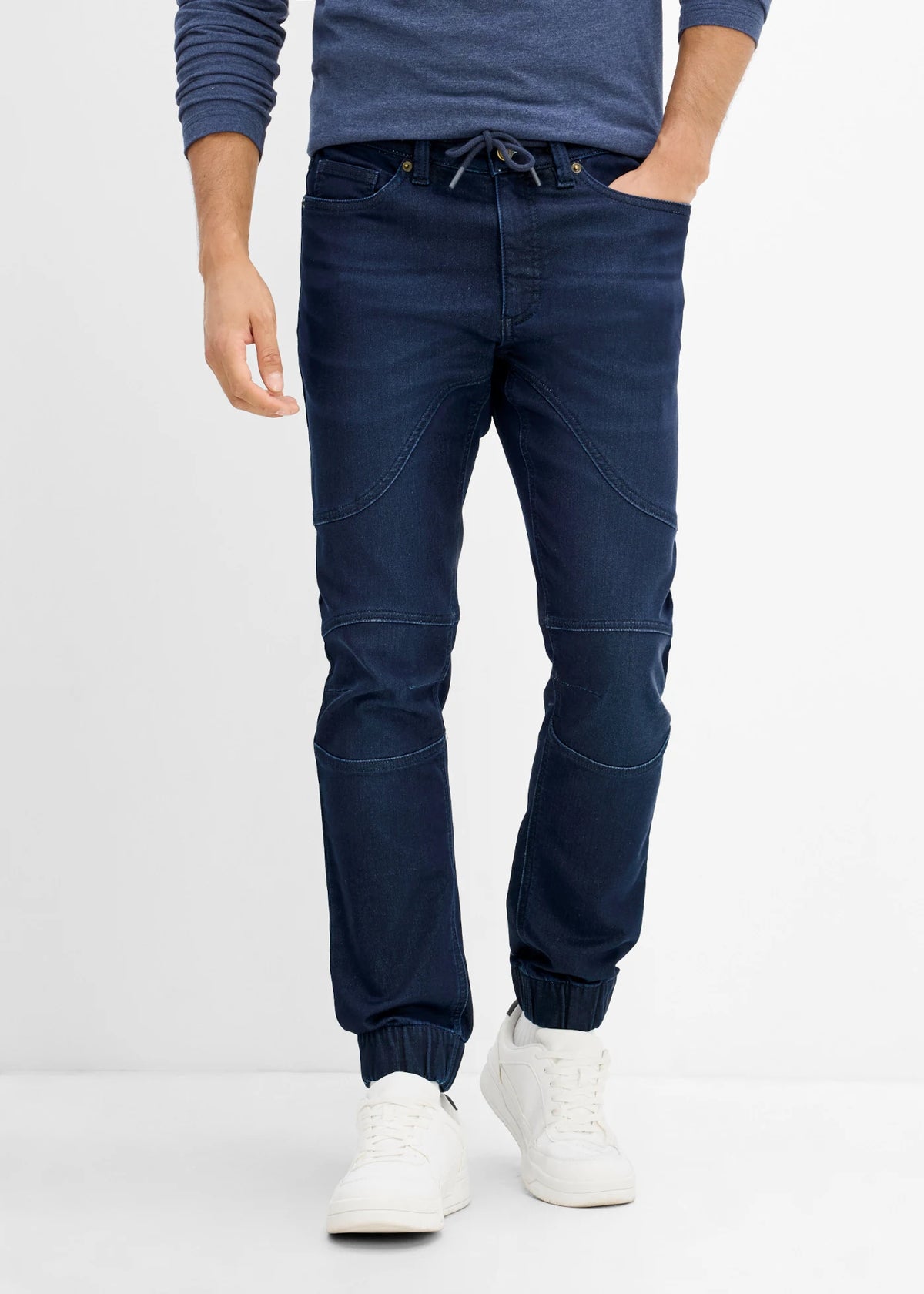 Men's Regular Fit Straight Jogger Jeans with Adjustable Stretch Waist in Dark Blue Denim, view 3