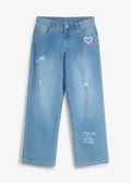 Girls' Mid Rise Wide Leg Jeans in Blue Denim, view 1