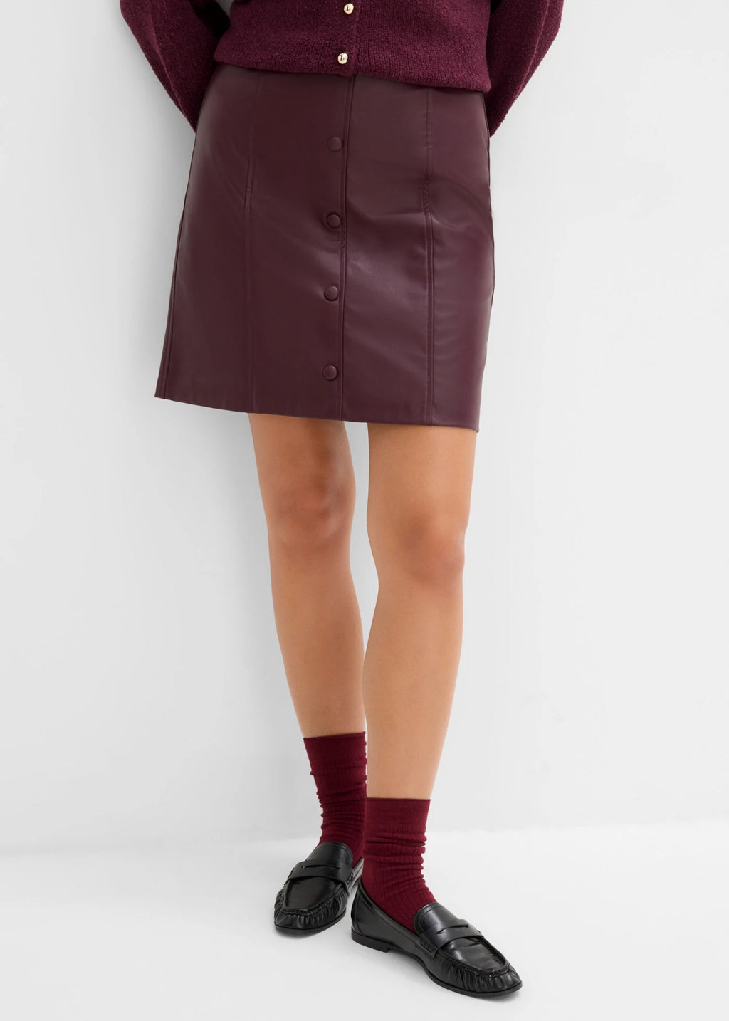 Women's Coated Mini Skirt in Burgundy, view 3
