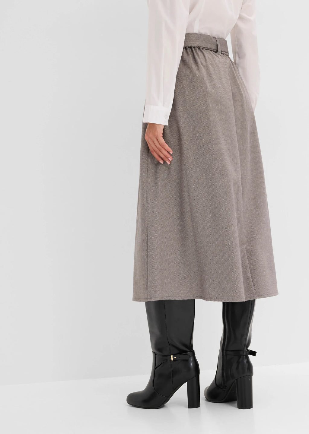 Women's Pleated Herringbone Skirt with Belt, 2-Piece Set in Light Heather Sand, view 4