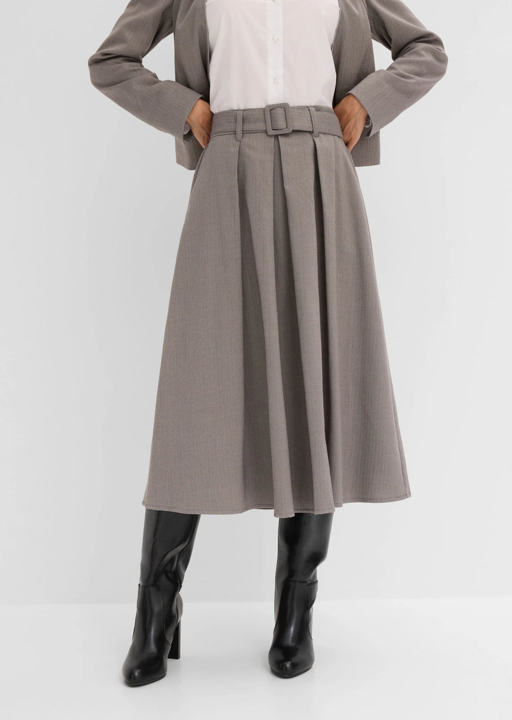 Women's Pleated Herringbone Skirt with Belt, 2-Piece Set in Light Heather Sand, view 3