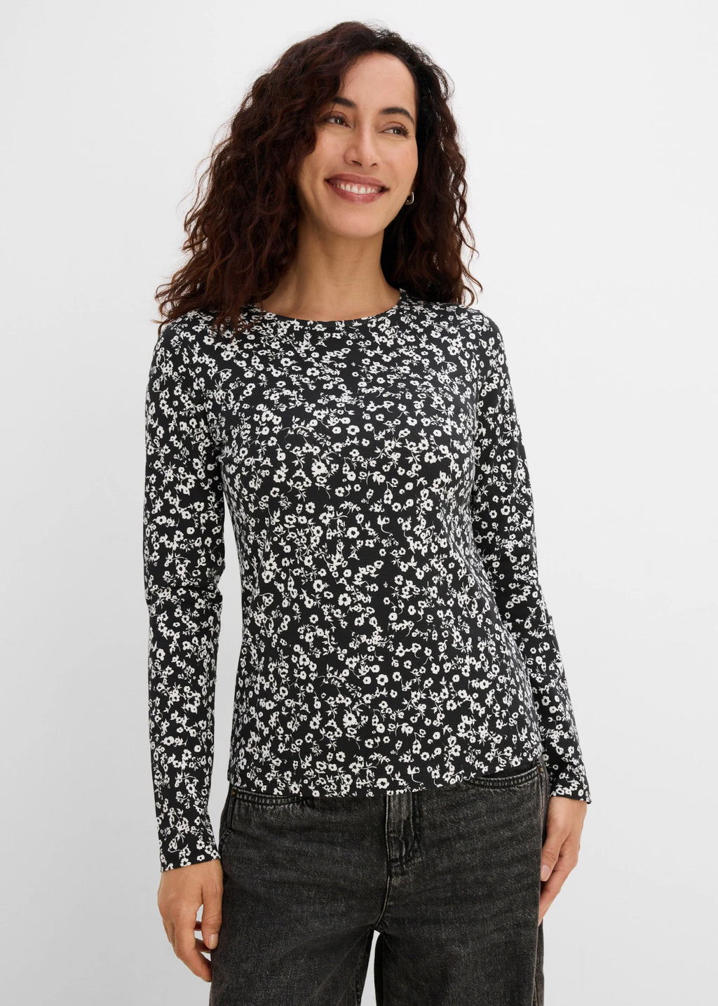 Women's Stretch Cotton Long Sleeve Tops, Pack of 3 in Black Solid, Floral and Print, view 2