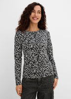 Women's Stretch Cotton Long Sleeve Tops, Pack of 3 in Black Solid, Floral and Print, view 2