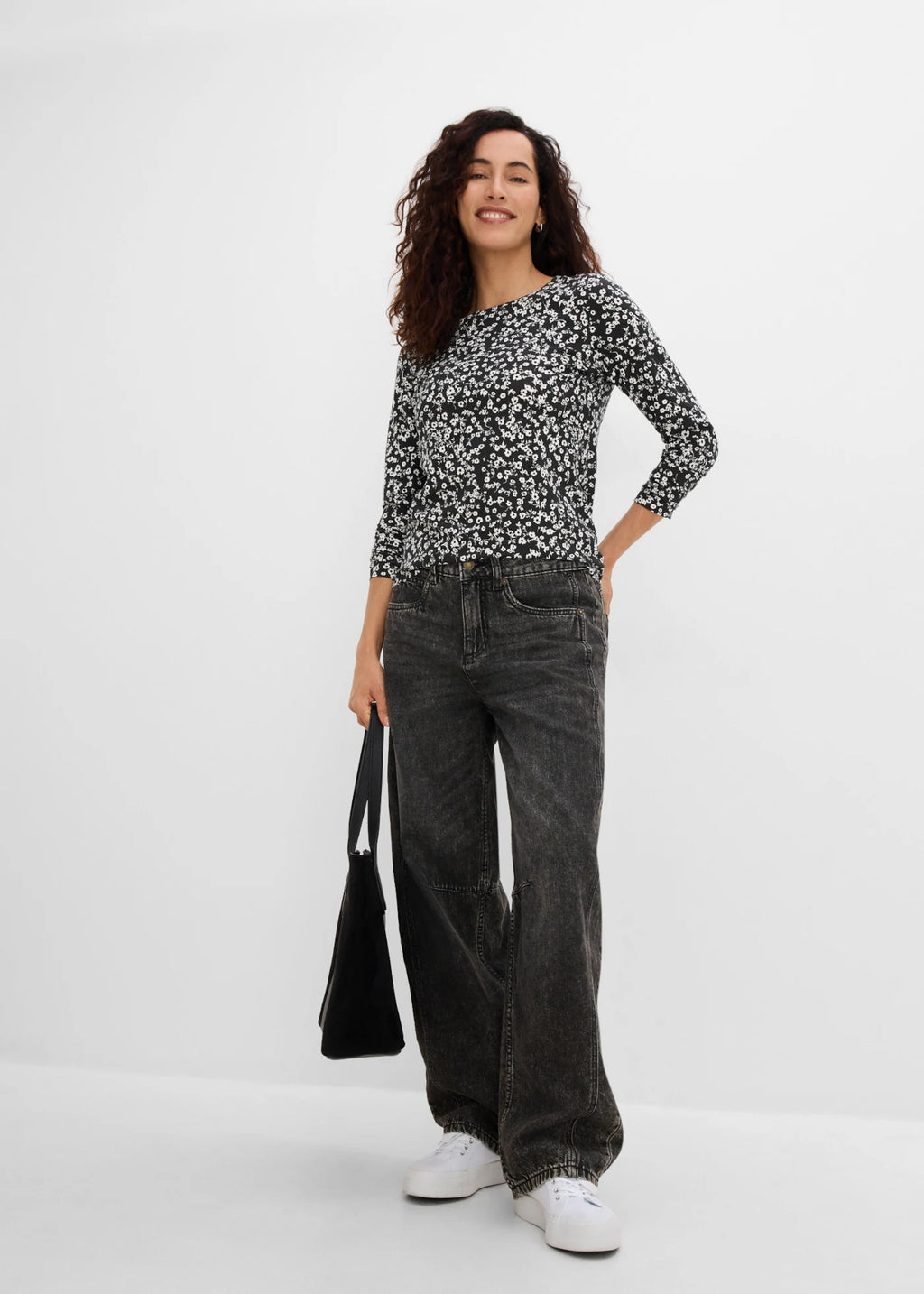 Women's Stretch Cotton Long Sleeve Tops, Pack of 3 in Black Solid, Floral and Print, view 4