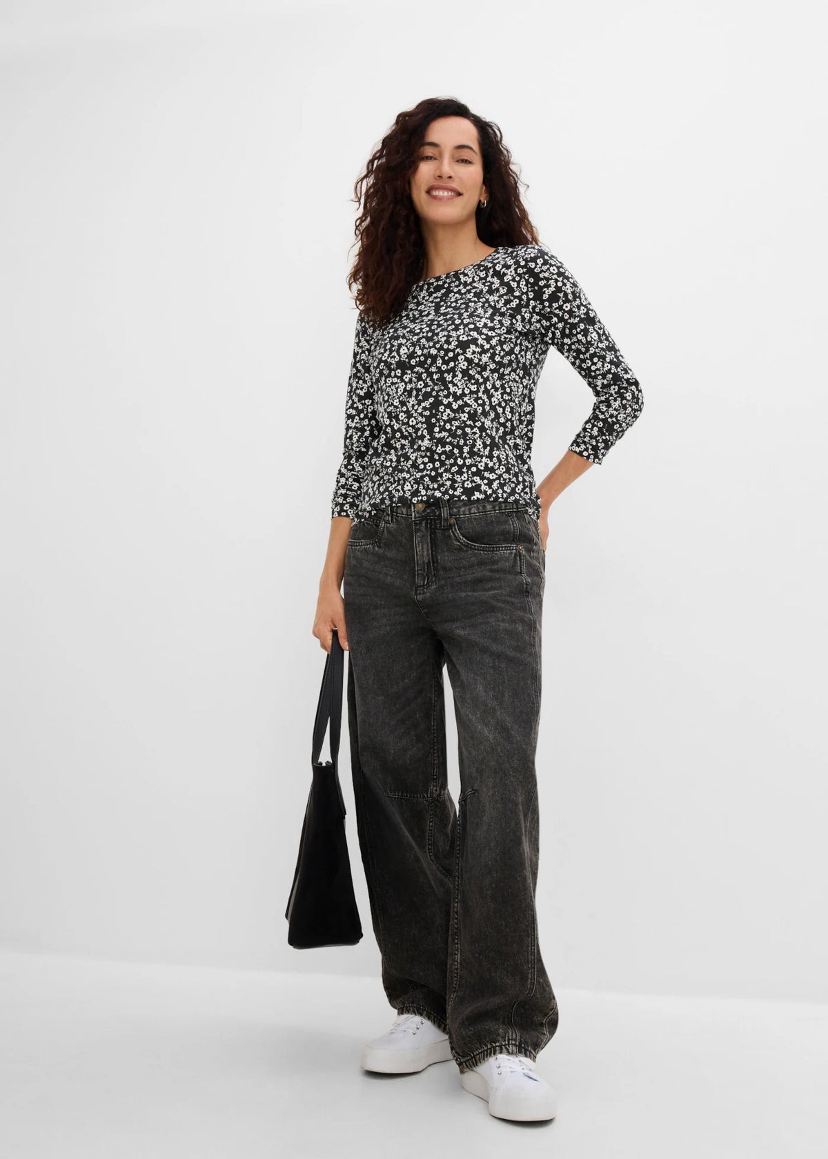 Women's Stretch Cotton Long Sleeve Tops, Pack of 3 in Black Solid, Floral and Print, view 4
