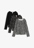 Women's Stretch Cotton Long Sleeve Tops, Pack of 3 in Black Solid, Floral and Print, view 1