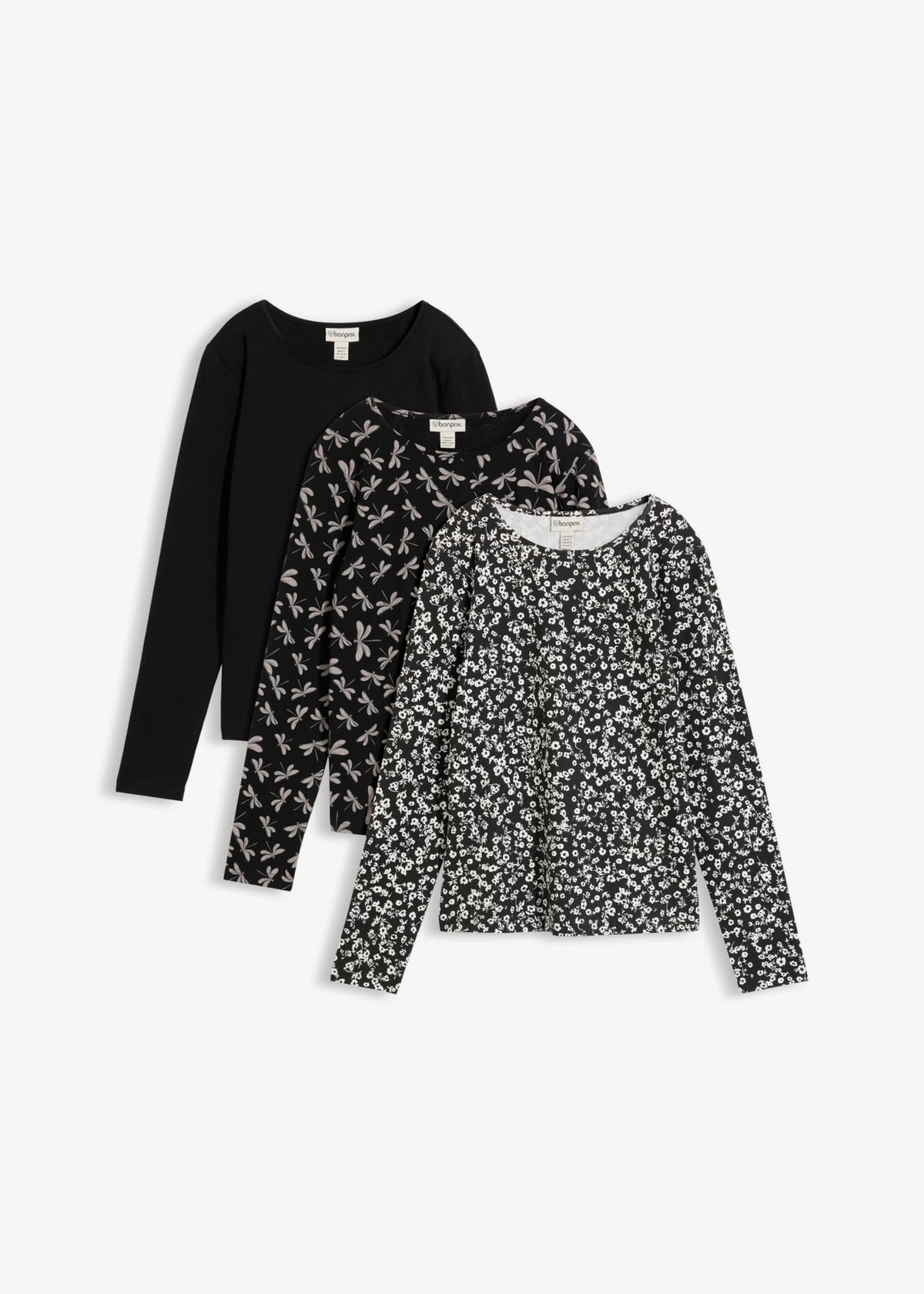 Women's Stretch Cotton Long Sleeve Tops, Pack of 3 in Black Solid, Floral and Print, view 1