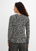 Women's Stretch Cotton Long Sleeve Tops, Pack of 3 in Black Solid, Floral and Print, view 3