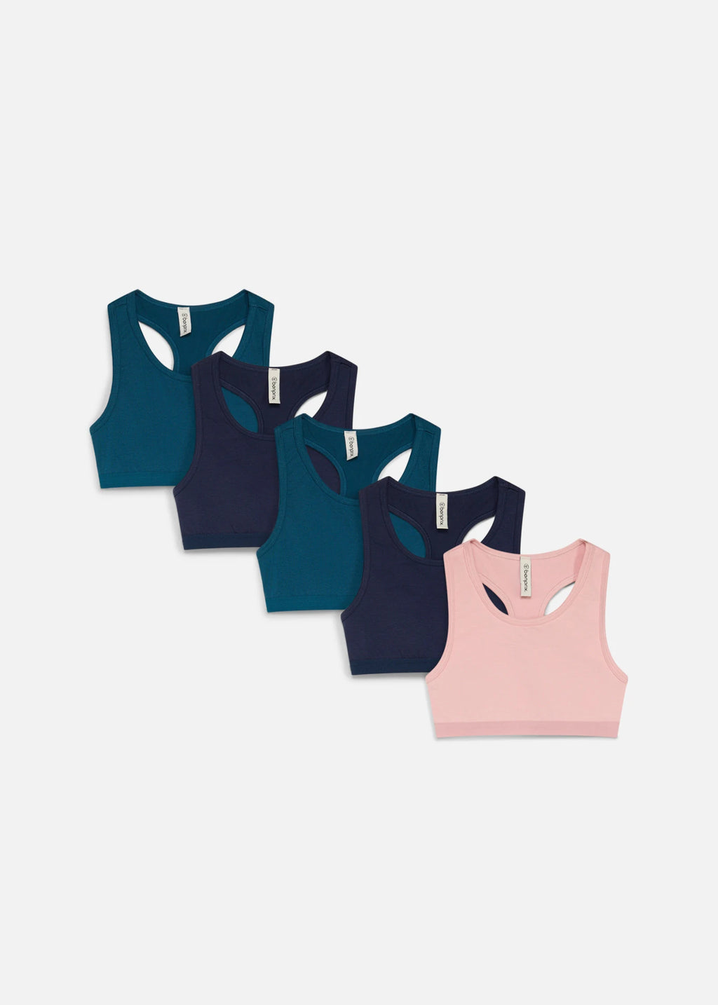 Girls' Soft Stretch Cotton Crop Bras, Pack of 5 in Ash Pink, Teal and Dark Blue, view 1