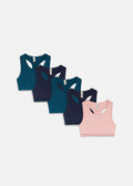 Girls' Soft Stretch Cotton Crop Bras, Pack of 5 in Ash Pink, Teal and Dark Blue, view 1