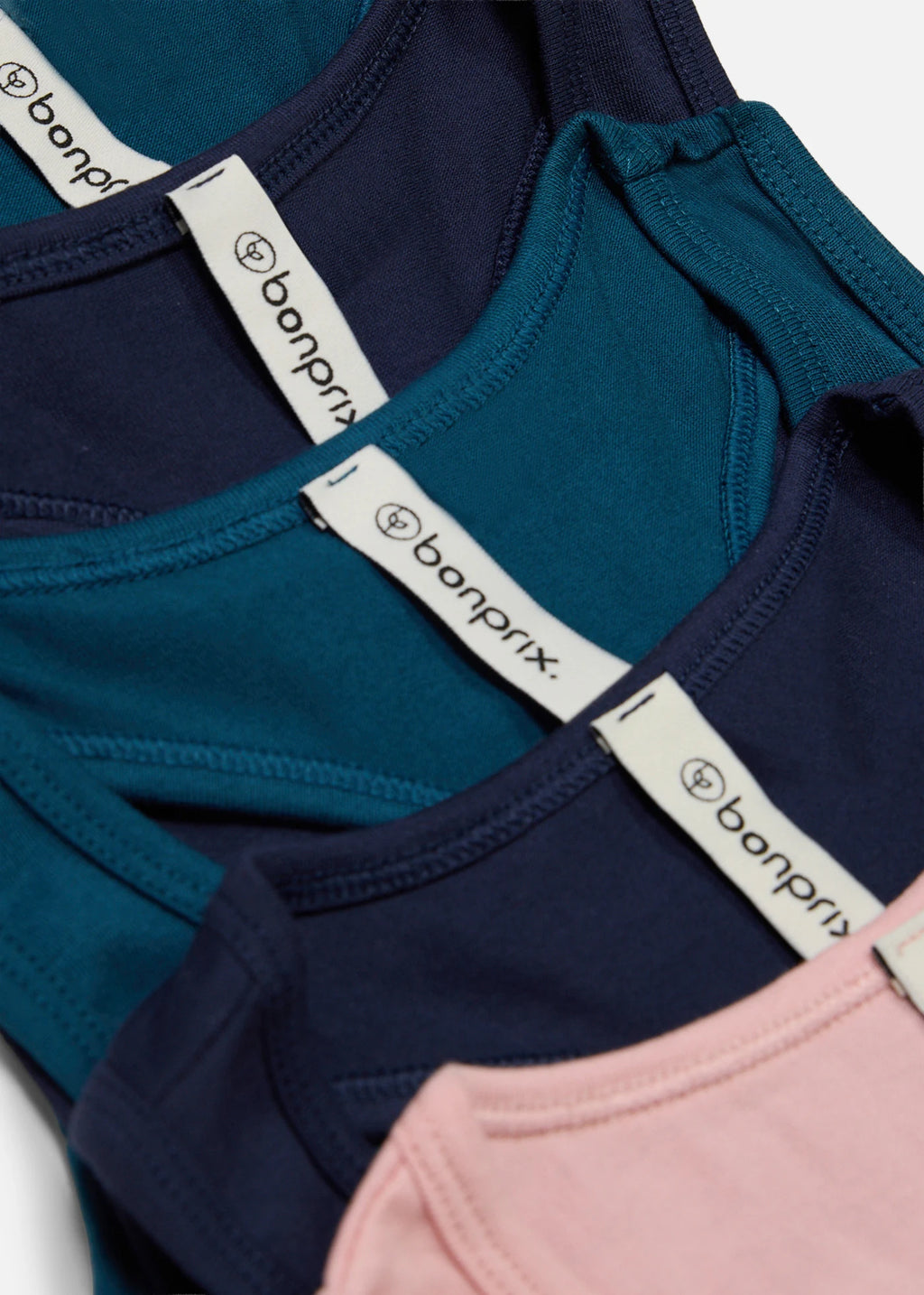 Girls' Soft Stretch Cotton Crop Bras, Pack of 5 in Ash Pink, Teal and Dark Blue, view 3