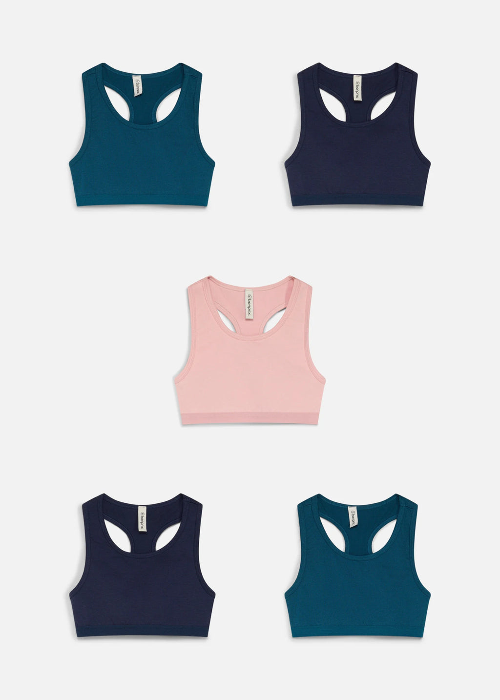 Girls' Soft Stretch Cotton Crop Bras, Pack of 5 in Ash Pink, Teal and Dark Blue, view 4