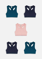 Girls' Soft Stretch Cotton Crop Bras, Pack of 5 in Ash Pink, Teal and Dark Blue, view 4